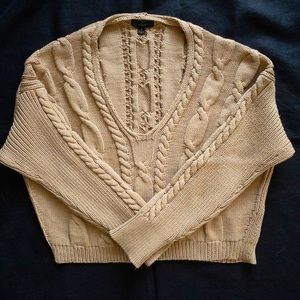 J. Crew Cropped Cable V-Neck Sweater Tan Camel Small